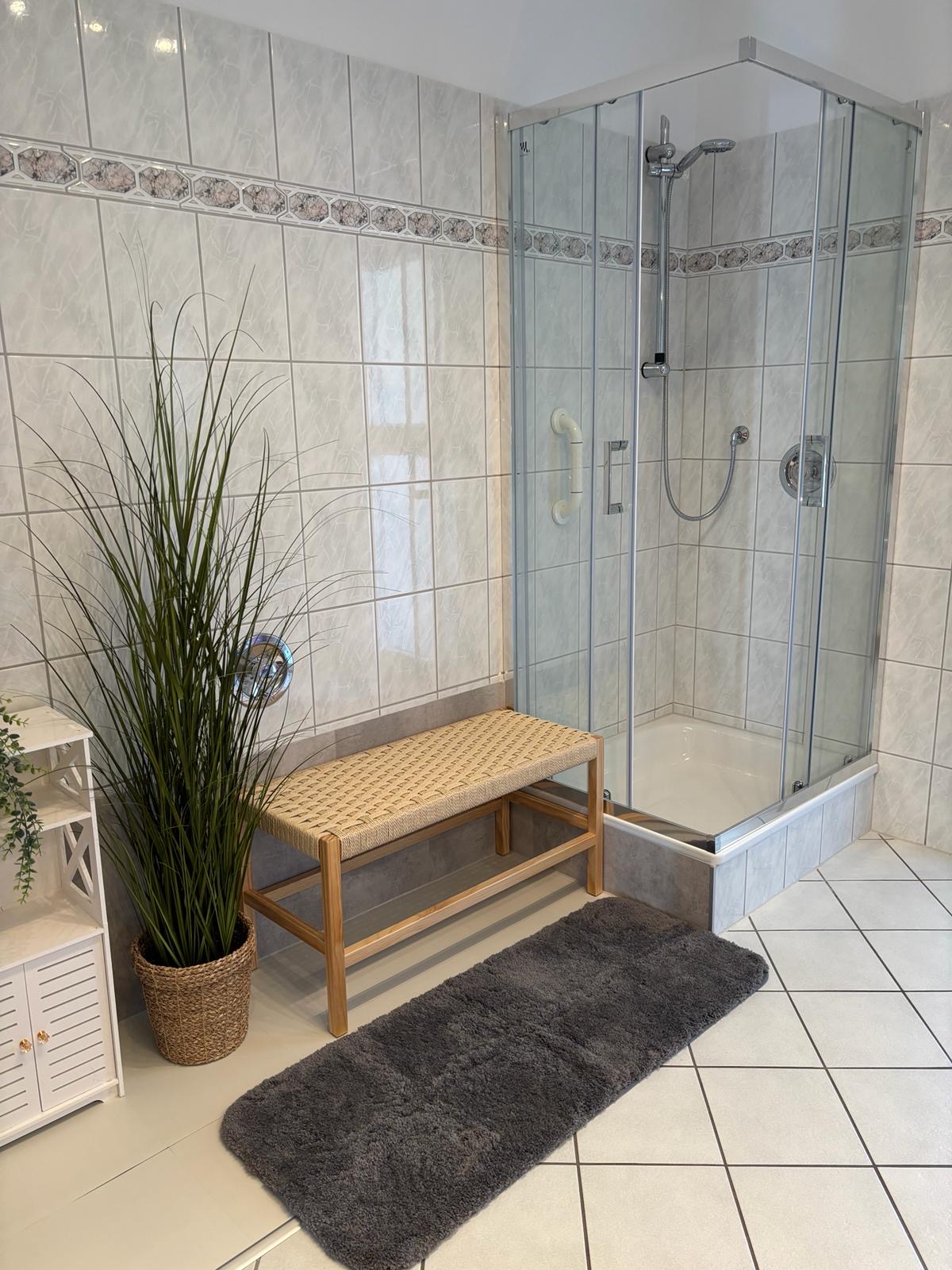 Badezimmer mit Dusche und Sitzbank